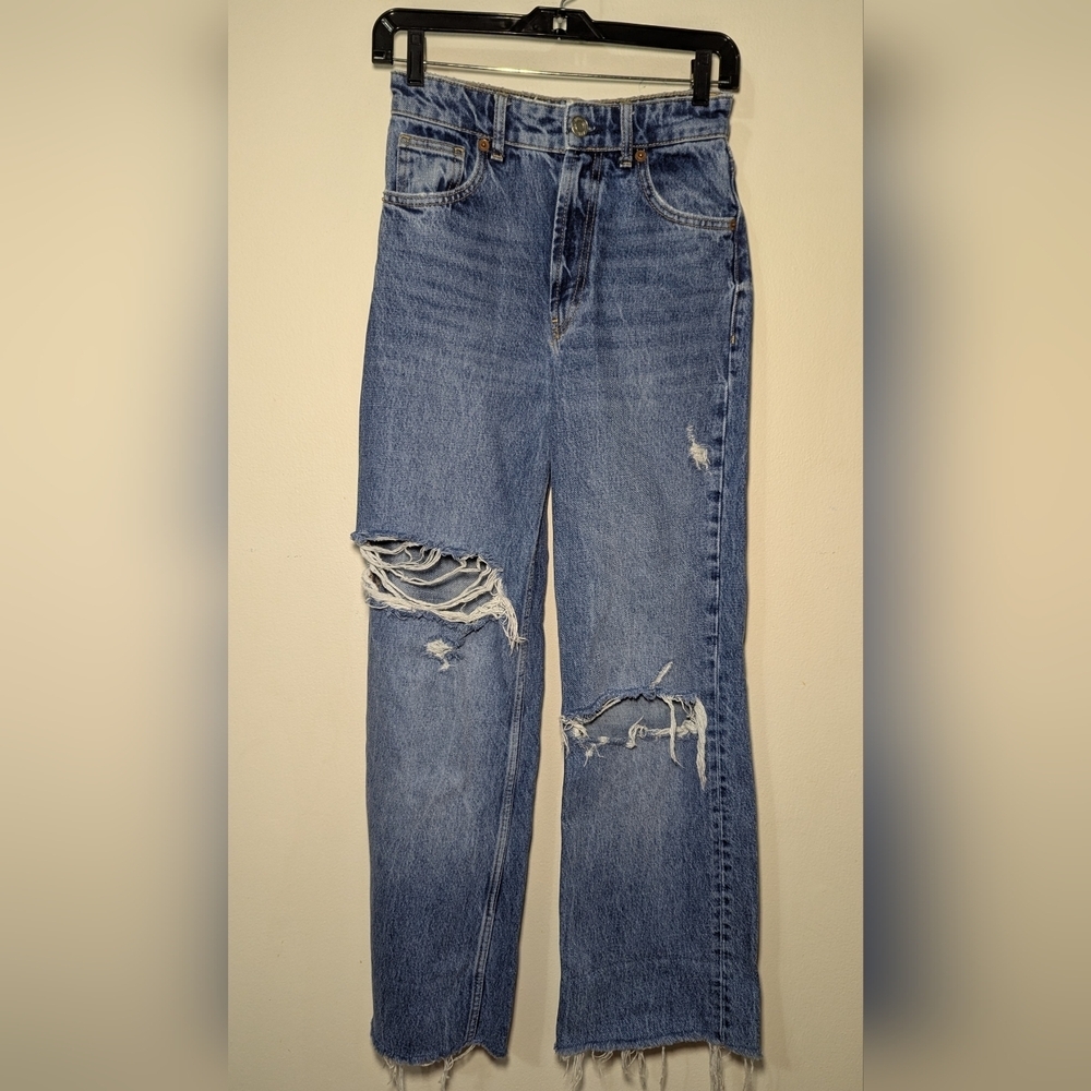 Zara Wide Leg Jeans Distressed Frayed Hem High Rise 100% Cotton Women's Size 2